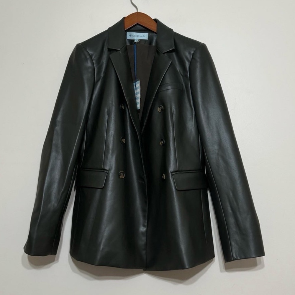 Tuckernuck Faux Leather Double Breasted Blazer SZ L NWT Olive Green